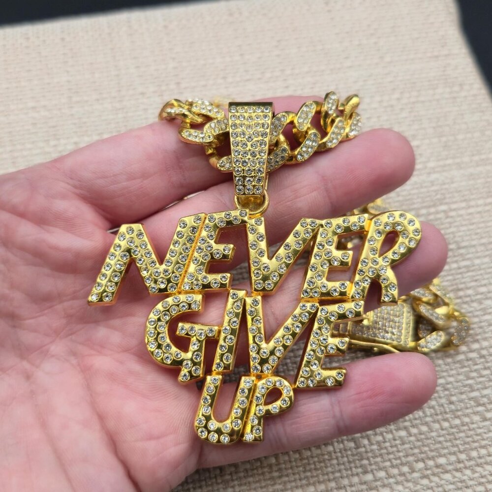 20 Inch Gold Plated Never Give Up Pendant Bling Necklace B983 - Picture 4 of 10
